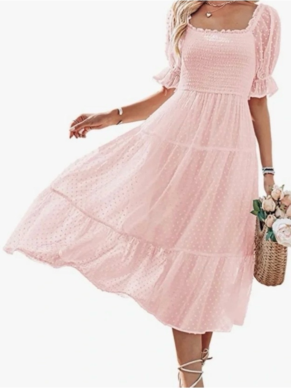 Romantic Pink Smocked Maxi Dress with Puff Sleeves